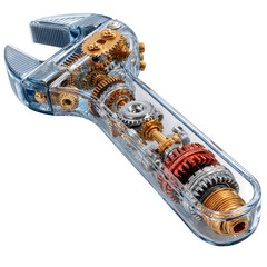 Stylized wrench with gears inside, isolated on transparent background