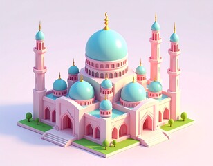 3D Isometric Illustration of a Pastel Mosque
