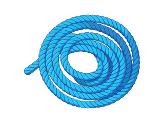 Thick blue twisted rope coiled in a spiral shape isolated on white background
