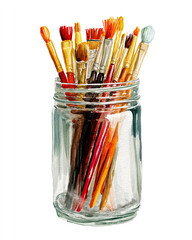 paint brushes in a jar watercolor illustration 
