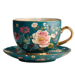 Teacup with saucer and steam, floral design, isolated on transparent background