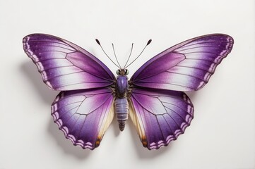 Fototapeta premium Butterfly with vibrant purple and white wings against a plain white background