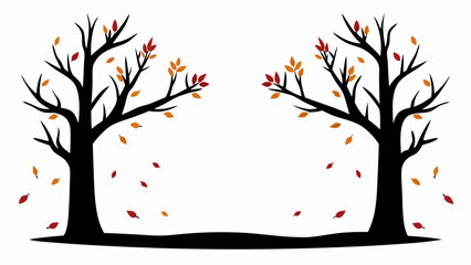 Fototapeta premium Two bare trees with falling autumn leaves in red and orange on a white background creating a frame