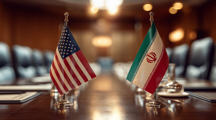 Diplomatic negotiations iran and usa flags display conference room close-up view iran flags and american flag integration
