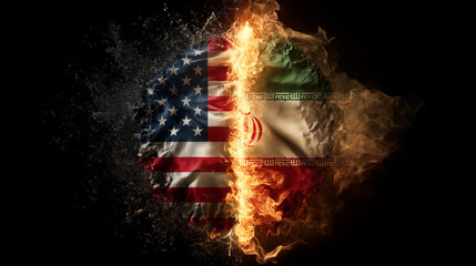 Conflict of cultures iran flags and american flag unite in fiery display digital art abstract environment high contrast