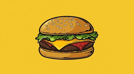 A stylized cheeseburger appears suspended in time against a solid mustard yellow background. The juicy beef patty, melted cheese, and fresh lettuce, with a sesame seed bun and a drizzle of ketchup