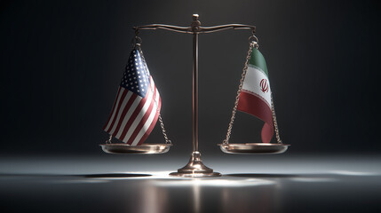 Balancing tensions iran flags and american flag weighing peace studio digital artwork neutral environment side view diplomacy concept