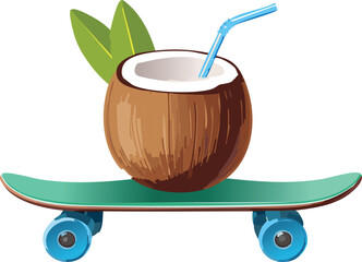 Playful Coconut Drink Riding a Skateboard with Cool Vibes