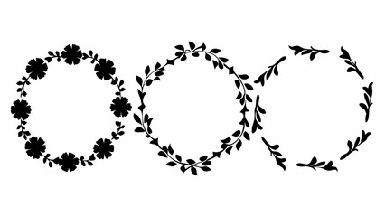 Three floral wreath designs with varying floral density and leaf arrangements in silhouette style