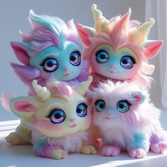 Fototapeta premium Adorable Pastel Fantasy Creatures Whimsical Fluffy Friends