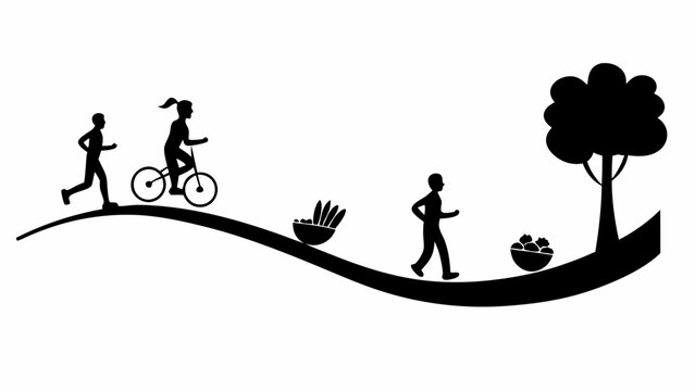 Silhouettes of people running, cycling, walking, with food bowls and a tree on a curvy path - Powered by Adobe