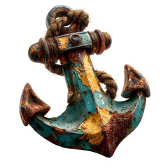Vintage anchor with rope, weathered texture, isolated on transparent background