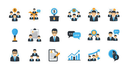 Fototapeta premium Clean and simple collection of business icons. Pastel-colored symbols for strategy, finance, growth, and communication. perfect for websites, apps, and presentations.