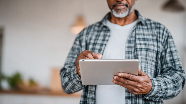 Senior Man Using Tablet in Cozy Indoor Setting - Powered by Adobe