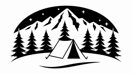 Illustration of camping tent with trees and mountains under starry sky in black and white style design
