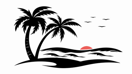 Silhouette of palm trees on a beach with a sunset and birds flying in the distance on a white background