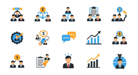 Clean and simple collection of business icons. Pastel-colored symbols for strategy, finance, growth, and communication. perfect for websites, apps, and presentations.