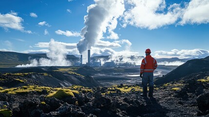A technician in protective gear stands near a geothermal power plant, monitoring steam rising from the ground through industrial pipes. The surrounding landscape features rocky terrain 