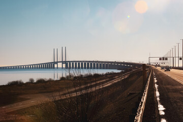 Sunny day view of the Oresund Bridge between Denmark and Sweden