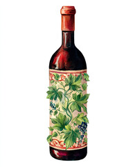 bottle of wine decorative watercolor illustration on white