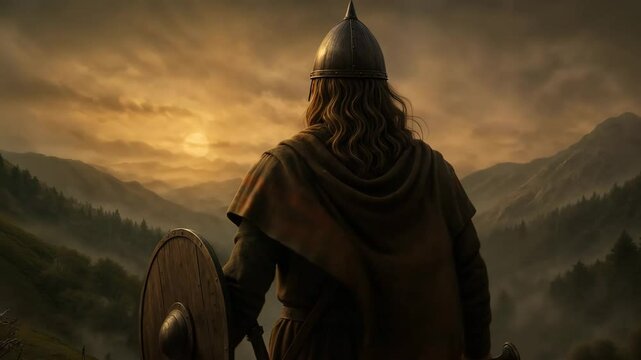 Celtic Warrior Mountain Ridge Sunset Camera Rotate Dramatic Landscape