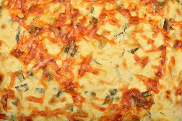 A close-up shot shows the golden-brown surface of a baked cheese and green onion pie