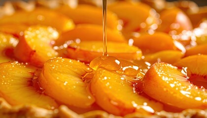 Golden peach tart with dripping honey glaze