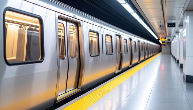 Modern subway train in empty station with sleek design and yellow safety line
