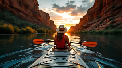 A person kayaking on a tranquil river surrounded by tall canyon cliffs under a dramatic sunset sky. Ideal for travel ads, adventure blogs, tourism campaigns, and outdoor lifestyle content