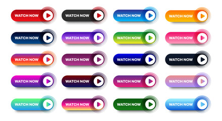 Watch now buttons icon design set. media player button icon ui, ux with different gradient color. vector