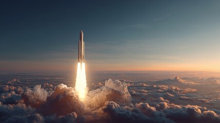 white rocket liftoff at golden hour from aerial view with cinematic realism