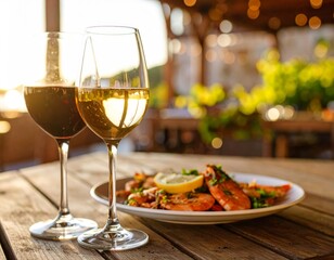 Close-up of red and white wine in elegant glasses on rustic table with shrimp, lemon, and herbs in warm restaurant lighting and cozy ambiance.