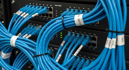 Close-Up View of Black Network Switches with Bundled Blue Ethernet Cables and White Labels in Organized Data Center Rack