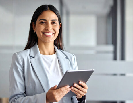 Portrait of young Hispanic professional business woman standing in office. Happy female company executive, smiling businesswoman entrepreneur corporate leader manager looking at camera using tablet.
- Powered by Adobe