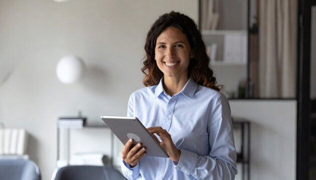 Portrait of young Hispanic professional business woman standing in office. Happy female company executive, smiling businesswoman entrepreneur corporate leader manager looking at camera using tablet.
