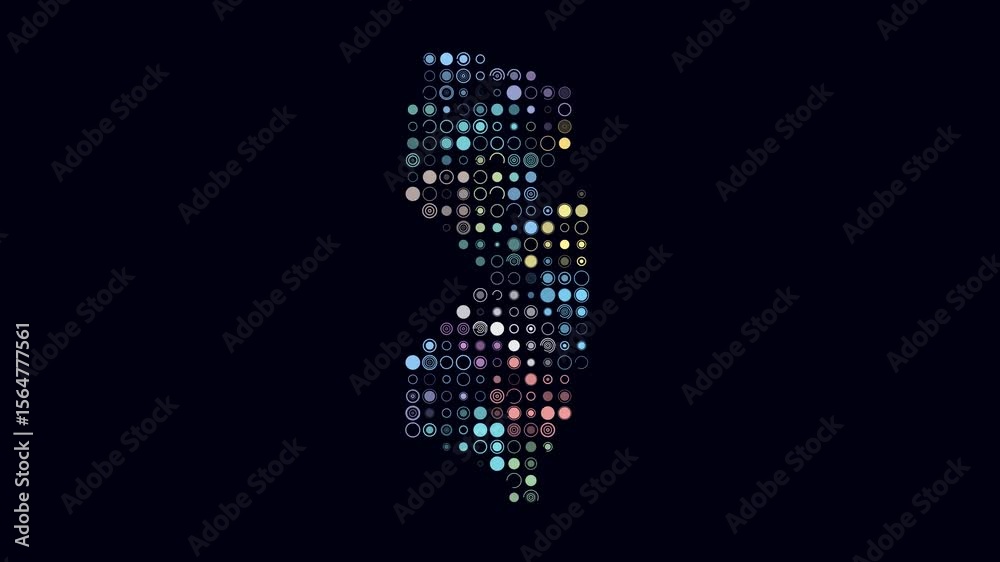Poster new jersey dotted animation. shape of the state build of pulsating colored dots. large size circle b