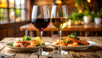 Close-up of red and white wine in elegant glasses on rustic table with shrimp, lemon, and herbs in warm restaurant lighting and cozy ambiance.