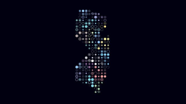 New Jersey dotted animation. Shape of the state build of pulsating colored dots. Large size circle blocks. Digital style map on dark background. Creative video.