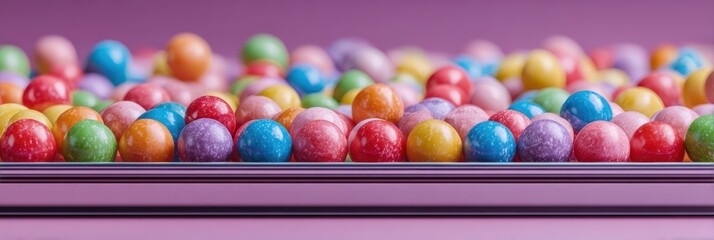 Colorful candy display with vibrant assortment on pink background appealing to sweet lovers and party enthusiasts