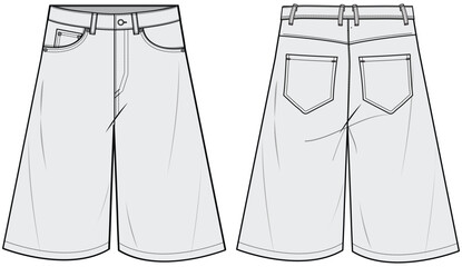 Denim Baggy Oversize Bermuda Short Front and Back Fashion Illustration, Vector, CAD, Technical Drawing, Flat Drawing, Template, Mockup.