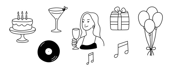 Birthday Party Greeting Decoration Element. Waman Character holding Champagne Wine Cocktail in Hand. Outline Contour Drawing Style Minimalist Design. Birthday Greeting Party Symbol Sign Doodle Art