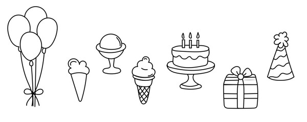 Birthday Party Decoration Element Set. Cake, sweet desserts Ice Cream, Hot Air Balloon, Gift Box. Outline Contour Drawing Style Minimalist Design. Birthday Greeting Party Symbol Sign Doodle Art