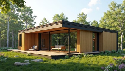Modern Wooden House with Large Open Patio Surrounded by Green Forest