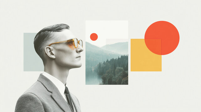 Retro mixed media collage art with man wearing suit and sunglasses looking at nature landscape and geometric shapes