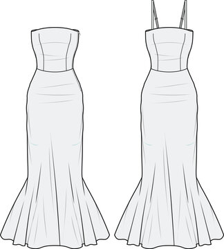 Tube Fishtail Dress, Bridal Gown Fashion Illustration, Vector, CAD, Technical Drawing, Flat Drawing, Template, Mockup.
