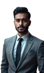 A South Asian male entrepreneur in a smart gray suit, surrounded by floating digital currency symbols and holographic tech icons