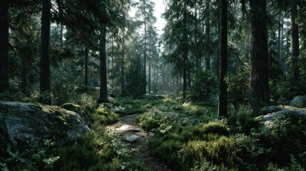 Fototapeta premium Tranquil ambiance of a coniferous forest with a pathway and rocky landscape