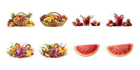A variety of fresh fruits and juices are isolated on white background, showcasing a healthy and vibrant collection