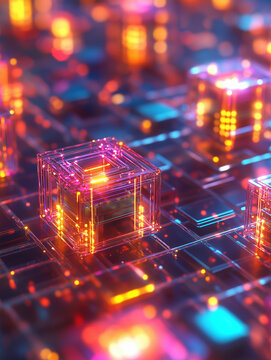 Glowing microservice network structure with vibrant luminous elements in a futuristic digital environment