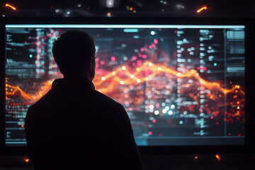 Man observes real time network performance metrics on a large digital display in a data analysis environment during evening hours